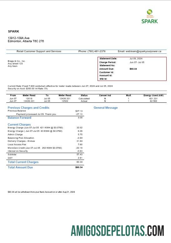 Para baixar modelo de conta de serviços públicos do Canadá Alberta Spark em formatos Word e PDF